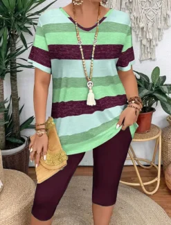 New Women's Fashion T Shirt Shorts Sets Short Sleeve V Neck Graphic Striped Print Casual Daily Pink Purple Green Summer Regular Fit Women Two Piece Sets