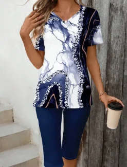 Best Women's Fashion T Shirt Shorts Sets Short Sleeve V Neck Floral Graphic 3D Print Print Casual Daily Wine Army Green Dark Navy Summer Regular Fit Women Two Piece Sets