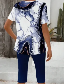 Best Women's Fashion T Shirt Shorts Sets Short Sleeve V Neck Floral Graphic 3D Print Print Casual Daily Wine Army Green Dark Navy Summer Regular Fit Women Two Piece Sets