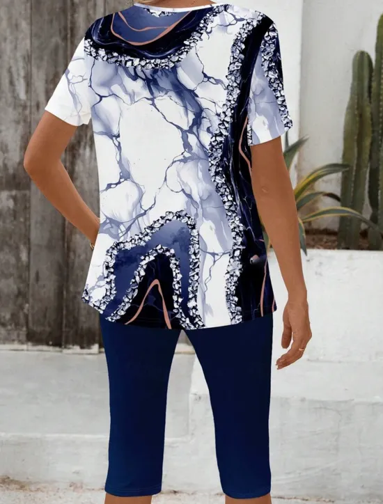 Best Women's Fashion T Shirt Shorts Sets Short Sleeve V Neck Floral Graphic 3D Print Print Casual Daily Wine Army Green Dark Navy Summer Regular Fit Women Two Piece Sets