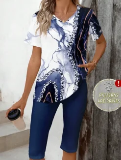 Best Women's Fashion T Shirt Shorts Sets Short Sleeve V Neck Floral Graphic 3D Print Print Casual Daily Wine Army Green Dark Navy Summer Regular Fit Women Two Piece Sets