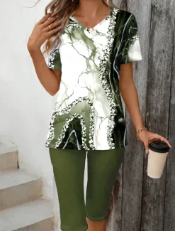 Best Women's Fashion T Shirt Shorts Sets Short Sleeve V Neck Floral Graphic 3D Print Print Casual Daily Wine Army Green Dark Navy Summer Regular Fit Women Two Piece Sets