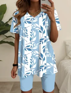 Sale Women's Fashion T Shirt Shorts Sets Short Sleeve V Neck Floral Graphic Print Casual Daily Blue Purple Green Summer Regular Fit Women Two Piece Sets