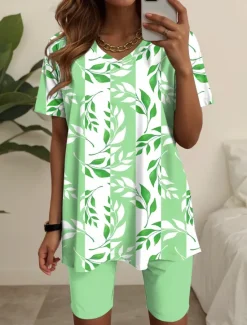 Sale Women's Fashion T Shirt Shorts Sets Short Sleeve V Neck Floral Graphic Print Casual Daily Blue Purple Green Summer Regular Fit Women Two Piece Sets