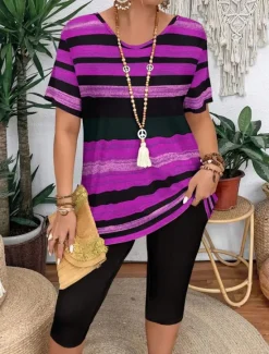 New Women's Fashion T Shirt Shorts Sets Short Sleeve V Neck Graphic Striped Print Casual Daily Casual Daily Blue Purple Brown Summer Regular Fit Women Two Piece Sets