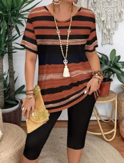 New Women's Fashion T Shirt Shorts Sets Short Sleeve V Neck Graphic Striped Print Casual Daily Casual Daily Blue Purple Brown Summer Regular Fit Women Two Piece Sets