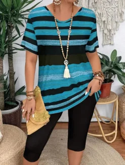 New Women's Fashion T Shirt Shorts Sets Short Sleeve V Neck Graphic Striped Print Casual Daily Casual Daily Blue Purple Brown Summer Regular Fit Women Two Piece Sets