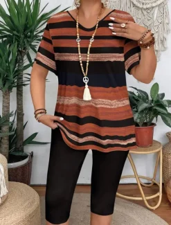 New Women's Fashion T Shirt Shorts Sets Short Sleeve V Neck Graphic Striped Print Casual Daily Casual Daily Blue Purple Brown Summer Regular Fit Women Two Piece Sets