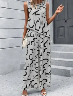 Discount Women's Fashion Tank Top Pants Sets Wide Leg Pants Trousers Sleeveless Crew Neck Printing Print Holiday Weekend Black Blue Beige Summer Regular Fit Women Two Piece Sets