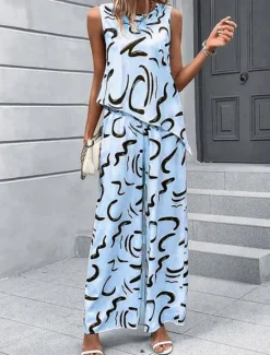 Discount Women's Fashion Tank Top Pants Sets Wide Leg Pants Trousers Sleeveless Crew Neck Printing Print Holiday Weekend Black Blue Beige Summer Regular Fit Women Two Piece Sets