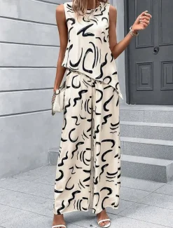 Discount Women's Fashion Tank Top Pants Sets Wide Leg Pants Trousers Sleeveless Crew Neck Printing Print Holiday Weekend Black Blue Beige Summer Regular Fit Women Two Piece Sets