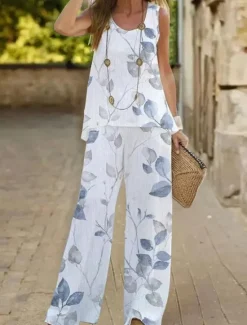 Sale Women's Fashion Tank Top Pants Sets Wide Leg Pants Trousers Sleeveless Round Neck Floral Print Holiday Weekend White Ivory Light Green Summer Regular Fit Women Two Piece Sets