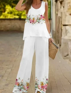 Sale Women's Fashion Tank Top Pants Sets Wide Leg Pants Trousers Sleeveless Round Neck Floral Print Holiday Weekend White Ivory Light Green Summer Regular Fit Women Two Piece Sets