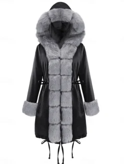 Discount Women's Faux Fur Coat Warm Breathable Pocket Fur Collar Faux Fur Trim Fleece Lined Casual Plain Vacation Street Daily Wear Going out Open Front Long Hoodie Regular Fit Long Sleeve Outerwear Black Women Furs & Leathers