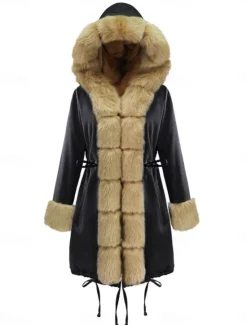 Discount Women's Faux Fur Coat Warm Breathable Pocket Fur Collar Faux Fur Trim Fleece Lined Casual Plain Vacation Street Daily Wear Going out Open Front Long Hoodie Regular Fit Long Sleeve Outerwear Black Women Furs & Leathers