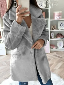 Discount Women's Faux Fur Coat Warm Breathable Pocket Fleece Lined Casual Plain Vacation Street Daily Wear Going out Single Breasted Regular Turndown Regular Fit Long Sleeve Outerwear Khaki Gray Fall Winter Women Puffers & Parka|Furs & Leathers