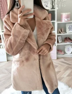 Discount Women's Faux Fur Coat Warm Breathable Pocket Fleece Lined Casual Plain Vacation Street Daily Wear Going out Single Breasted Regular Turndown Regular Fit Long Sleeve Outerwear Khaki Gray Fall Winter Women Puffers & Parka|Furs & Leathers