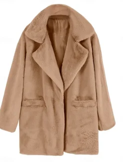 Discount Women's Faux Fur Coat Warm Breathable Pocket Fleece Lined Casual Plain Vacation Street Daily Wear Going out Single Breasted Regular Turndown Regular Fit Long Sleeve Outerwear Khaki Gray Fall Winter Women Puffers & Parka|Furs & Leathers