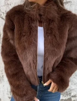 Women's Faux Fur Coat Warm Breathable Zipper Casual Plain Vacation Street Daily Wear Going out Zipper Short Stand Collar Regular Fit Long Sleeve Outerwear Red Brown Green Fall Winter Women Furs & Leathers