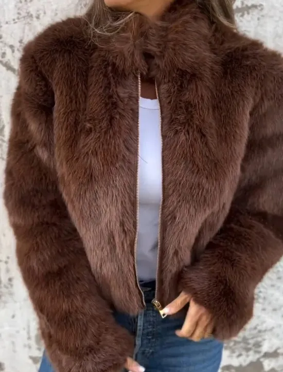 Women's Faux Fur Coat Warm Breathable Zipper Casual Plain Vacation Street Daily Wear Going out Zipper Short Stand Collar Regular Fit Long Sleeve Outerwear Red Brown Green Fall Winter Women Furs & Leathers
