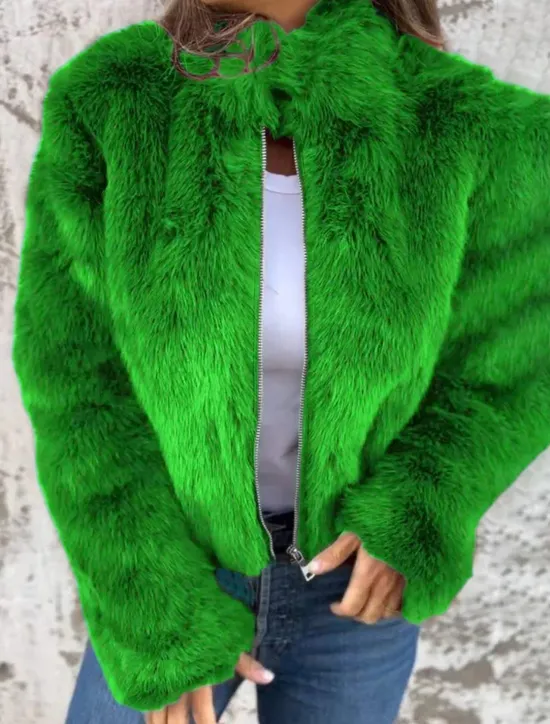 Women's Faux Fur Coat Warm Breathable Zipper Casual Plain Vacation Street Daily Wear Going out Zipper Short Stand Collar Regular Fit Long Sleeve Outerwear Red Brown Green Fall Winter Women Furs & Leathers
