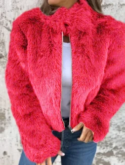 Women's Faux Fur Coat Warm Breathable Zipper Casual Plain Vacation Street Daily Wear Going out Zipper Short Stand Collar Regular Fit Long Sleeve Outerwear Red Brown Green Fall Winter Women Furs & Leathers