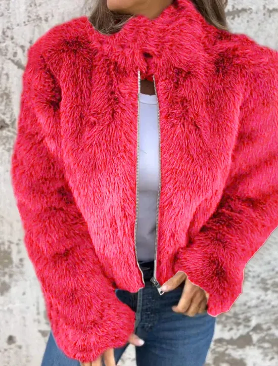 Women's Faux Fur Coat Warm Breathable Zipper Casual Plain Vacation Street Daily Wear Going out Zipper Short Stand Collar Regular Fit Long Sleeve Outerwear Red Brown Green Fall Winter Women Furs & Leathers