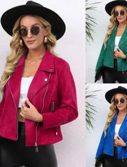 Clearance Women's Faux Leather Jacket Suede Jacket Zip up Jacket Spring Casual Motor Biker Jacket Winter Heated Jacket Women Jackets