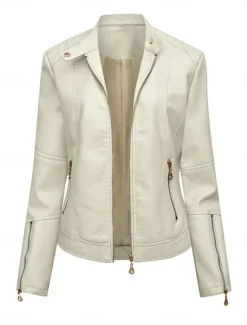 Hot Women's Faux Leather Jacket Casual Jacket Comfortable Breathable Zipper Pocket Fashion Casual Plain Vacation Street Casual Daily Wear Zipper Short Turndown Slim Long Sleeve Outerwear Black Red Green Women Jackets