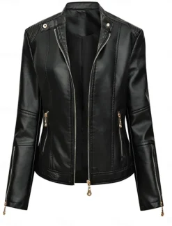 Hot Women's Faux Leather Jacket Casual Jacket Comfortable Breathable Zipper Pocket Fashion Casual Plain Vacation Street Casual Daily Wear Zipper Short Turndown Slim Long Sleeve Outerwear Black Red Green Women Jackets