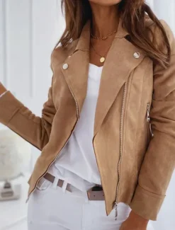 New Women's Faux Leather Jacket Comfortable Breathable Zipper Casual Plain Vacation Street Casual Daily Wear Zipper Short Lapel Slim Long Sleeve Outerwear Black Navy Blue Khaki Spring Fall Women Jackets