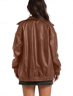 Outlet Women's Faux Leather Jacket Casual Jacket Outdoor Street Daily Wear Fall Winter Regular Coat Regular Fit Thermal Warm Breathable Stylish Casual Jacket Long Sleeve Plain with Pockets Full Zip Black Women Jackets