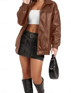 Outlet Women's Faux Leather Jacket Casual Jacket Outdoor Street Daily Wear Fall Winter Regular Coat Regular Fit Thermal Warm Breathable Stylish Casual Jacket Long Sleeve Plain with Pockets Full Zip Black Women Jackets