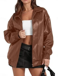 Outlet Women's Faux Leather Jacket Casual Jacket Outdoor Street Daily Wear Fall Winter Regular Coat Regular Fit Thermal Warm Breathable Stylish Casual Jacket Long Sleeve Plain with Pockets Full Zip Black Women Jackets