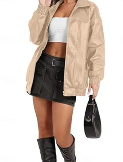 Outlet Women's Faux Leather Jacket Casual Jacket Outdoor Street Daily Wear Fall Winter Regular Coat Regular Fit Thermal Warm Breathable Stylish Casual Jacket Long Sleeve Plain with Pockets Full Zip Black Women Jackets