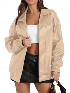 Outlet Women's Faux Leather Jacket Casual Jacket Outdoor Street Daily Wear Fall Winter Regular Coat Regular Fit Thermal Warm Breathable Stylish Casual Jacket Long Sleeve Plain with Pockets Full Zip Black Women Jackets