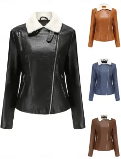 Best Women's Faux Leather Jacket Fleece Jacket Warm Breathable Zipper Pocket Fleece Lined Casual Plain Vacation Street Daily Wear Going out Zipper Short Turndown Regular Fit Long Sleeve Outerwear Black Women Jackets