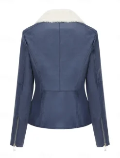 Best Women's Faux Leather Jacket Fleece Jacket Warm Breathable Zipper Pocket Fleece Lined Casual Plain Vacation Street Daily Wear Going out Zipper Short Turndown Regular Fit Long Sleeve Outerwear Black Women Jackets