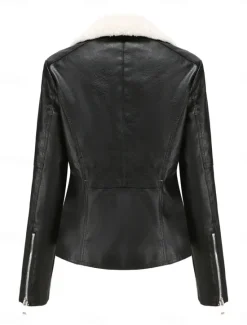 Best Women's Faux Leather Jacket Fleece Jacket Warm Breathable Zipper Pocket Fleece Lined Casual Plain Vacation Street Daily Wear Going out Zipper Short Turndown Regular Fit Long Sleeve Outerwear Black Women Jackets