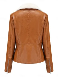 Best Women's Faux Leather Jacket Fleece Jacket Warm Breathable Zipper Pocket Fleece Lined Casual Plain Vacation Street Daily Wear Going out Zipper Short Turndown Regular Fit Long Sleeve Outerwear Black Women Jackets