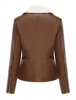 Best Women's Faux Leather Jacket Fleece Jacket Warm Breathable Zipper Pocket Fleece Lined Casual Plain Vacation Street Daily Wear Going out Zipper Short Turndown Regular Fit Long Sleeve Outerwear Black Women Jackets