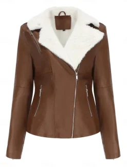 Best Women's Faux Leather Jacket Fleece Jacket Warm Breathable Zipper Pocket Fleece Lined Casual Plain Vacation Street Daily Wear Going out Zipper Short Turndown Regular Fit Long Sleeve Outerwear Black Women Jackets