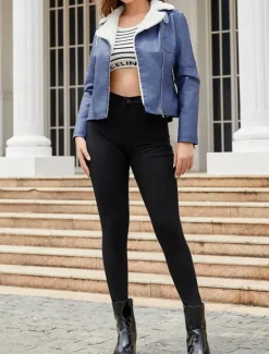 Best Women's Faux Leather Jacket Fleece Jacket Warm Breathable Zipper Pocket Fleece Lined Casual Plain Vacation Street Daily Wear Going out Zipper Short Turndown Regular Fit Long Sleeve Outerwear Black Women Jackets