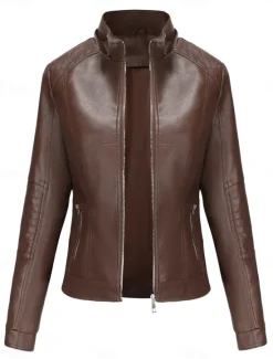 Women's Faux Leather Jacket Casual Jacket Comfortable Breathable Zipper Pocket Casual Plain Vacation Street Casual Daily Wear Zipper Short Hooded Regular Fit Long Sleeve Outerwear Red Camel Coffee Women Jackets