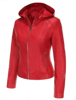 Women's Faux Leather Jacket Casual Jacket Comfortable Breathable Zipper Pocket Casual Plain Vacation Street Casual Daily Wear Zipper Short Hooded Regular Fit Long Sleeve Outerwear Red Camel Coffee Women Jackets