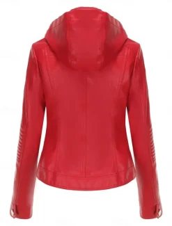 Women's Faux Leather Jacket Casual Jacket Comfortable Breathable Zipper Pocket Casual Plain Vacation Street Casual Daily Wear Zipper Short Hooded Regular Fit Long Sleeve Outerwear Red Camel Coffee Women Jackets