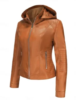 Women's Faux Leather Jacket Casual Jacket Comfortable Breathable Zipper Pocket Casual Plain Vacation Street Casual Daily Wear Zipper Short Hooded Regular Fit Long Sleeve Outerwear Red Camel Coffee Women Jackets