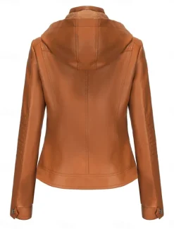 Women's Faux Leather Jacket Casual Jacket Comfortable Breathable Zipper Pocket Casual Plain Vacation Street Casual Daily Wear Zipper Short Hooded Regular Fit Long Sleeve Outerwear Red Camel Coffee Women Jackets