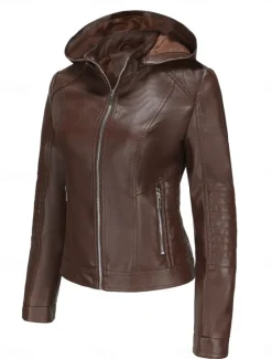 Women's Faux Leather Jacket Casual Jacket Comfortable Breathable Zipper Pocket Casual Plain Vacation Street Casual Daily Wear Zipper Short Hooded Regular Fit Long Sleeve Outerwear Red Camel Coffee Women Jackets