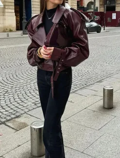 Sale Women's Faux Leather Jacket Outdoor Street Daily Wear Fall Short Coat Regular Fit Breathable Stylish Casual Jacket Long Sleeve Plain with Pockets Women Jackets